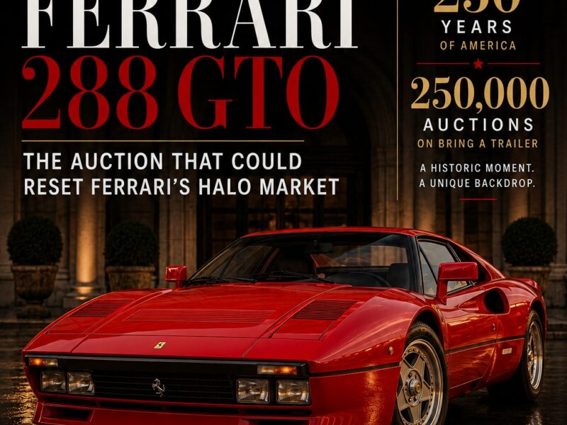 1985 Ferrari 288 GTO market report cover by Tony Rienzi featuring July 2026 Ferrari market analysis.