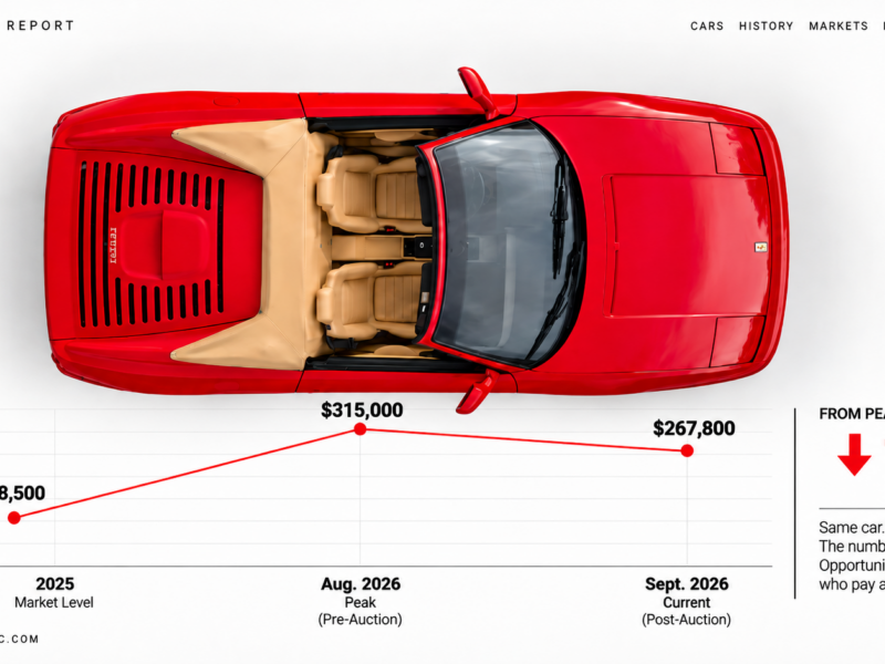Ferrari F355 Spider market chart showing $118,500 in 2025, $315,000 peak and $267,800 current market level.